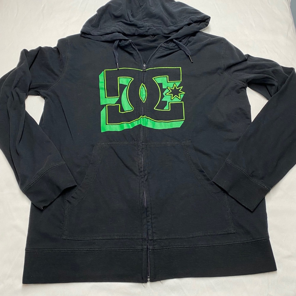 DC Shoes Mens Large Black Neon Green Logo Full Zip Hoodie Sweatshirt RN134455